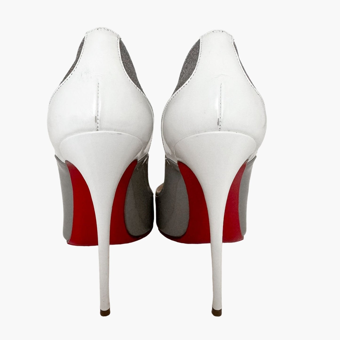 Christian Louboutin Tucsick 120 Pumps in Gray Patent, White Leather & Glitter Size 38