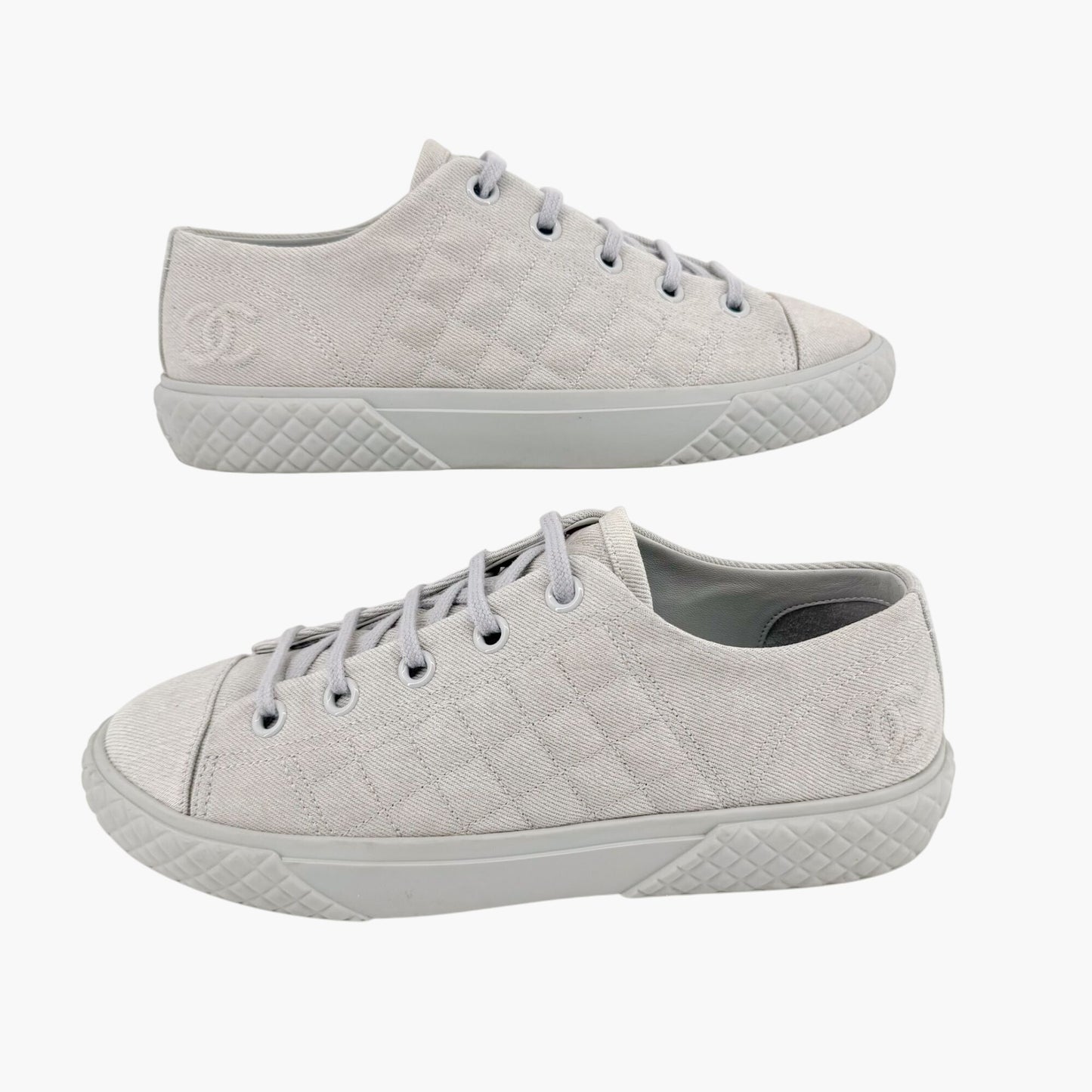 Chanel Quilted Low Top Sneakers in Light Blue/Gray Denim Size 39