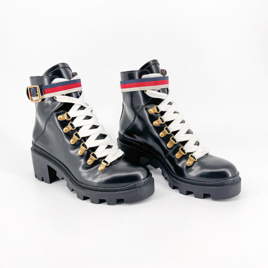 Gucci Sylvie Trip Combat Boots Black Leather Web Strap – Size 36.5