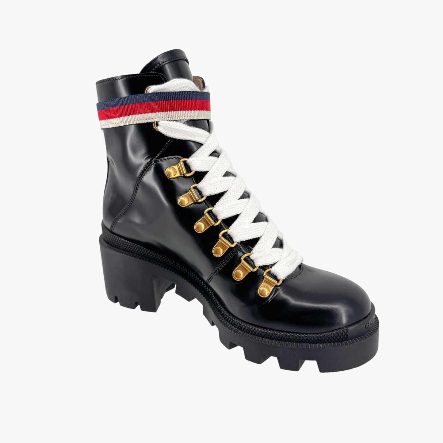 Gucci Sylvie Trip Combat Boots Black Leather Web Strap – Size 36.5