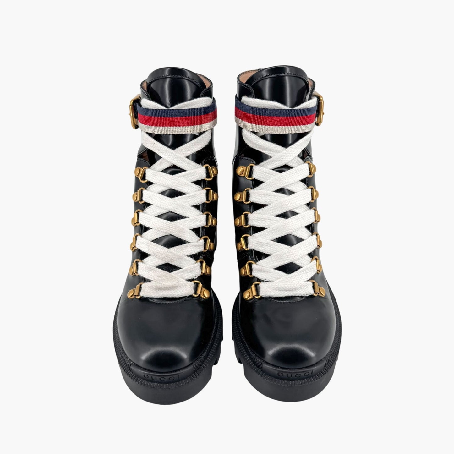 Gucci Sylvie Trip Combat Boots Black Leather Web Strap – Size 36.5
