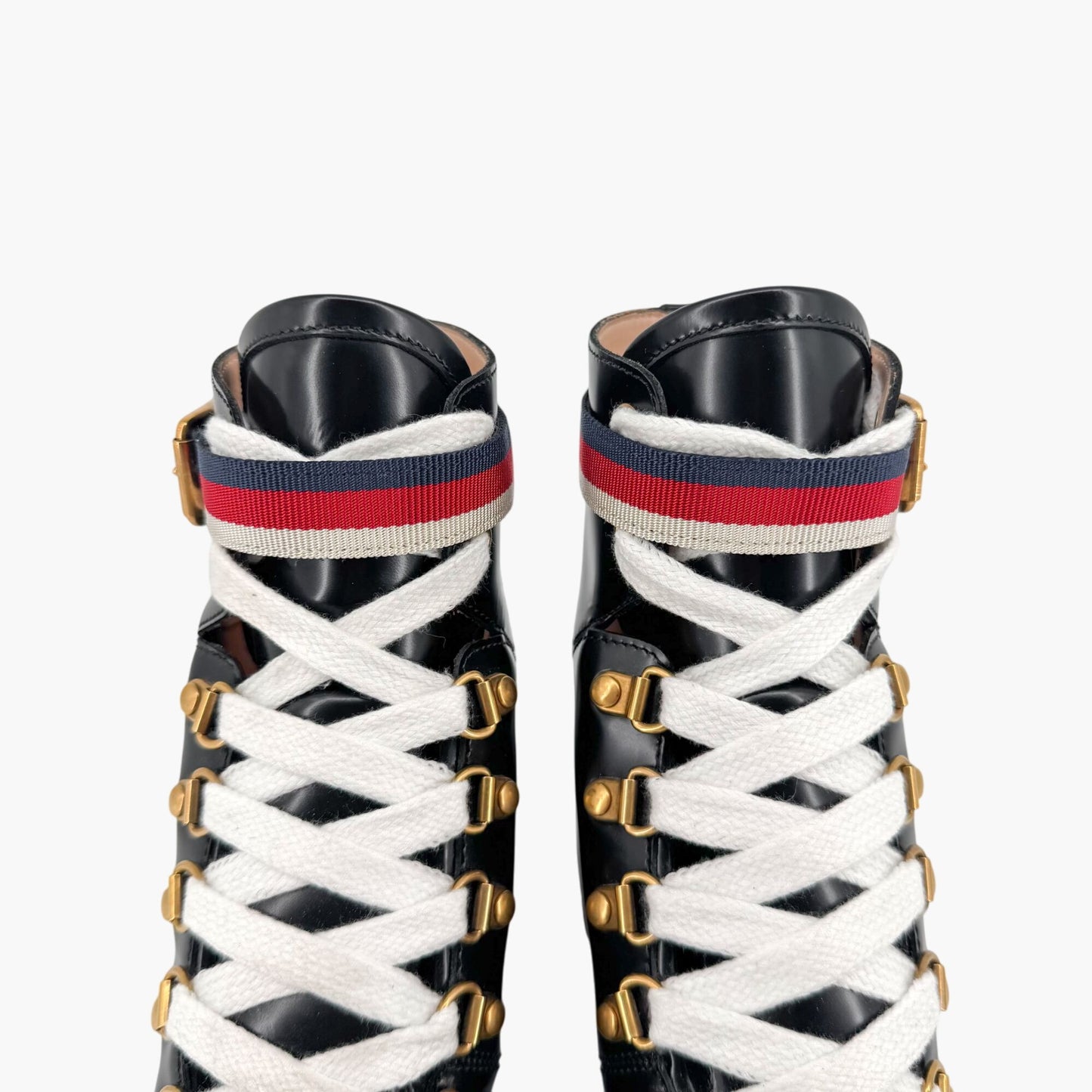 Gucci Sylvie Trip Combat Boots Black Leather Web Strap – Size 36.5