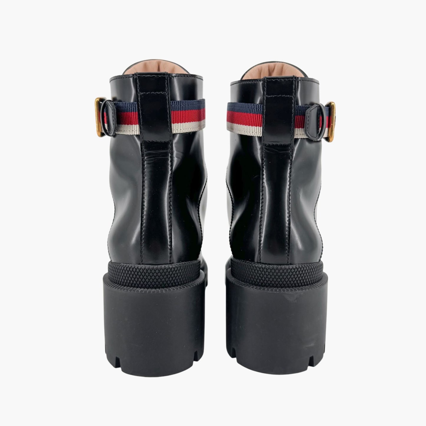 Gucci Sylvie Trip Combat Boots Black Leather Web Strap – Size 36.5
