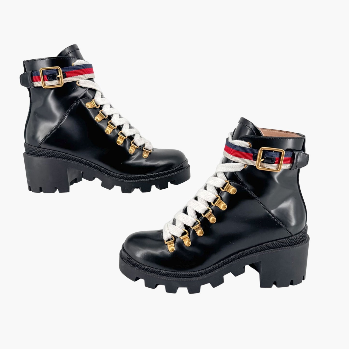 Gucci Sylvie Trip Combat Boots Black Leather Web Strap – Size 36.5