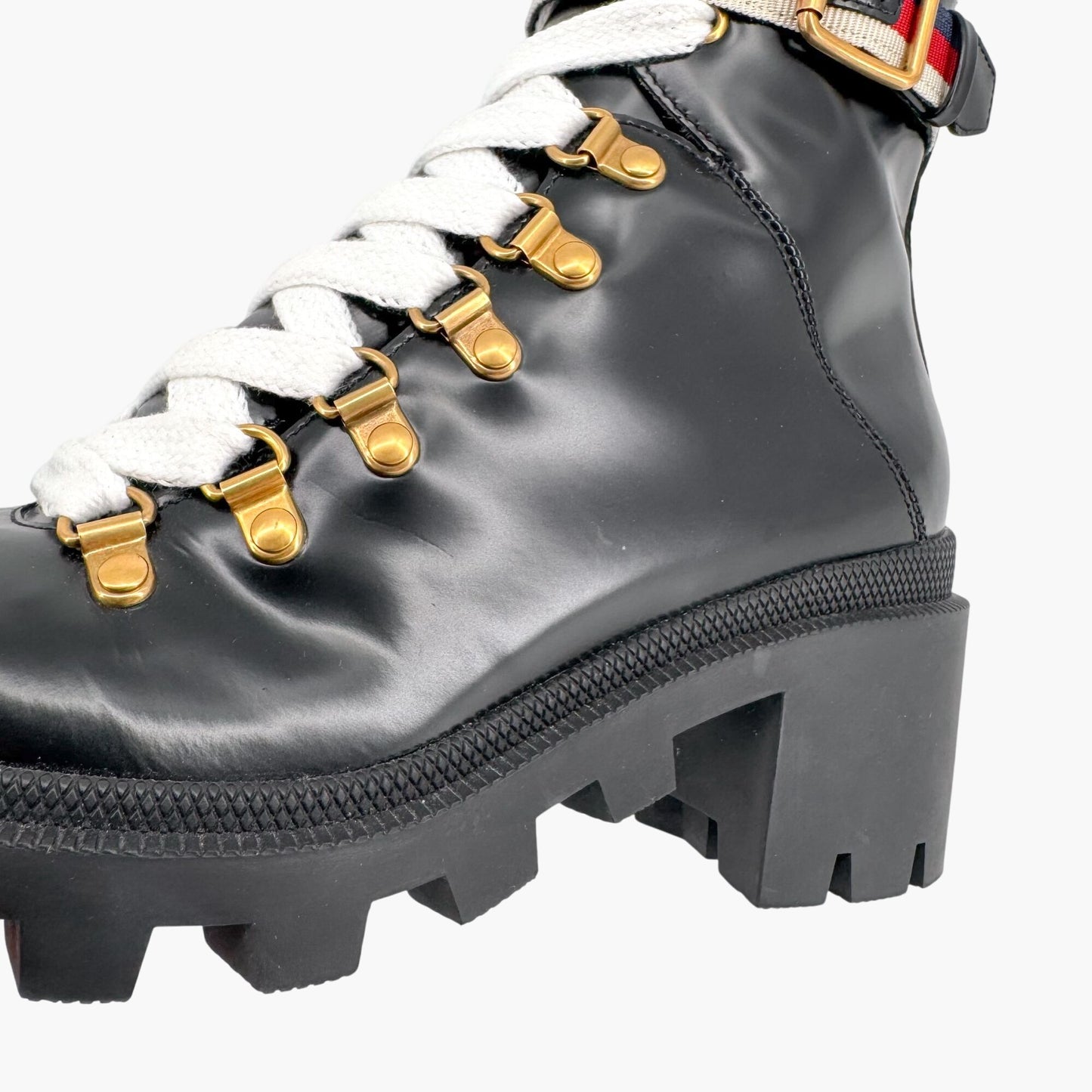 Gucci Sylvie Trip Combat Boots Black Leather Web Strap – Size 36.5