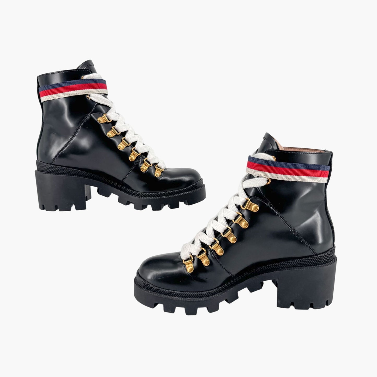 Gucci Sylvie Trip Combat Boots Black Leather Web Strap – Size 36.5