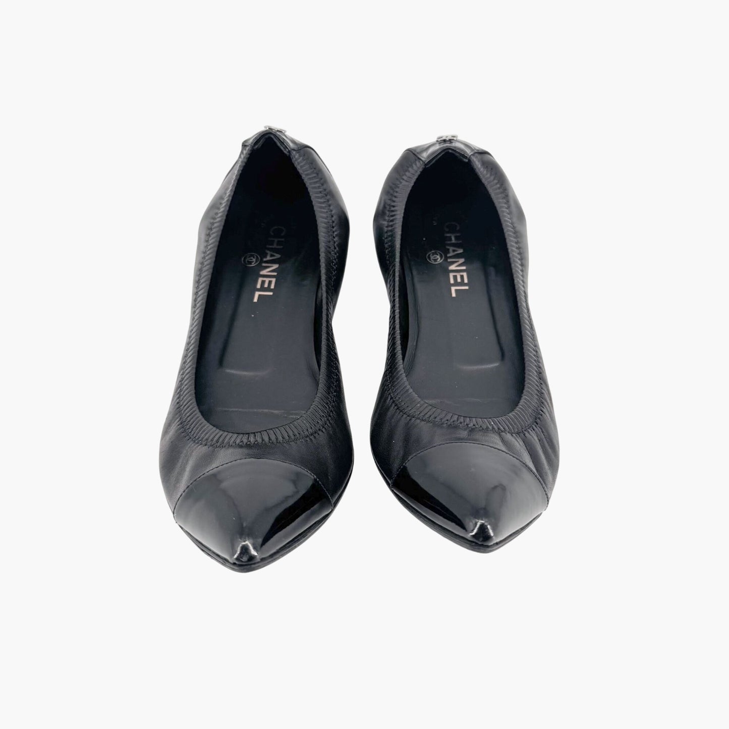 Chanel Elastic Cap Toe Pointed Ballet Flats in Black Leather Size 39