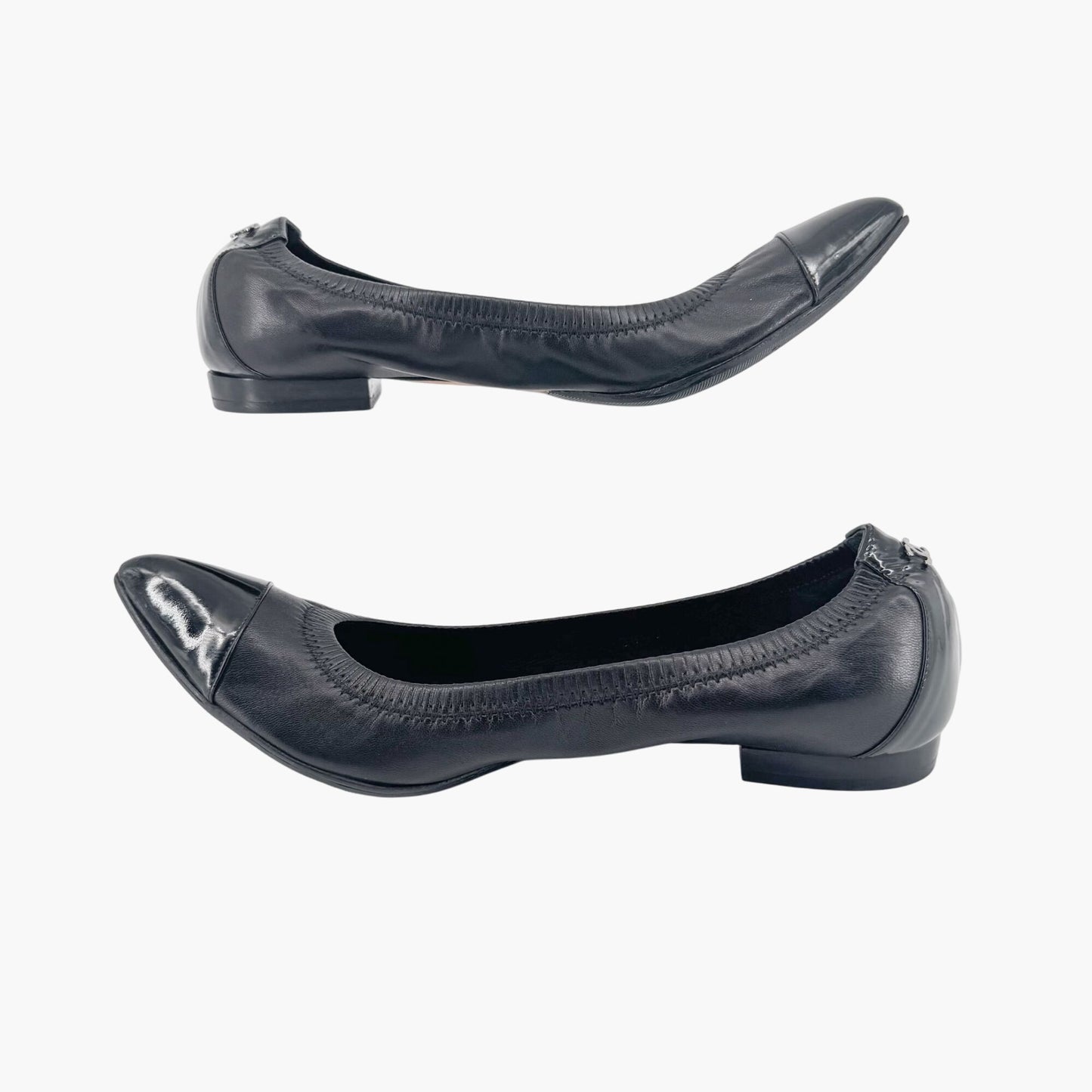 Chanel Elastic Cap Toe Pointed Ballet Flats in Black Leather Size 39
