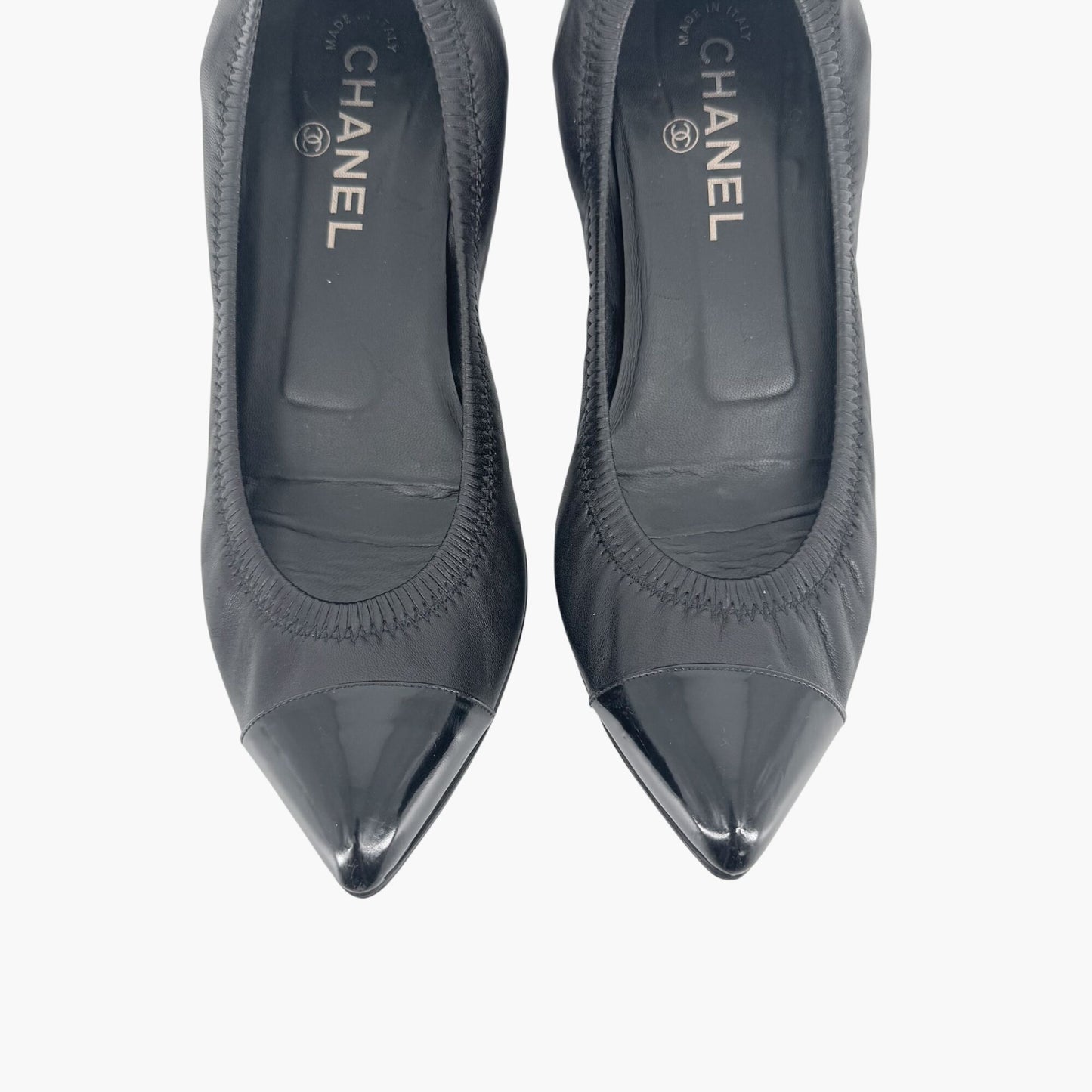 Chanel Elastic Cap Toe Pointed Ballet Flats in Black Leather Size 39