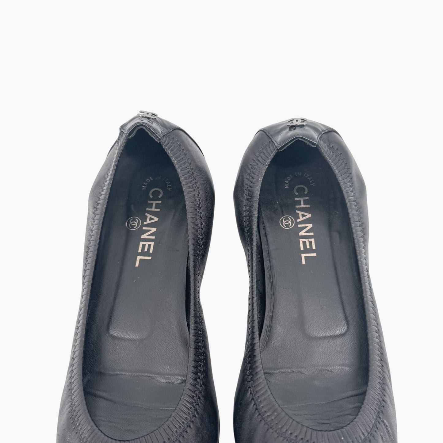 Chanel Elastic Cap Toe Pointed Ballet Flats in Black Leather Size 39