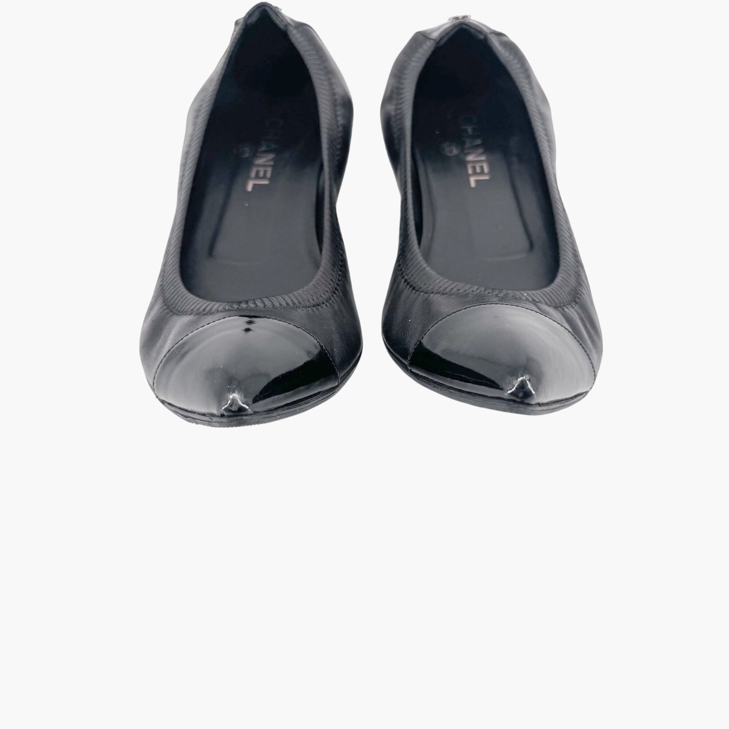 Chanel Elastic Cap Toe Pointed Ballet Flats in Black Leather Size 39