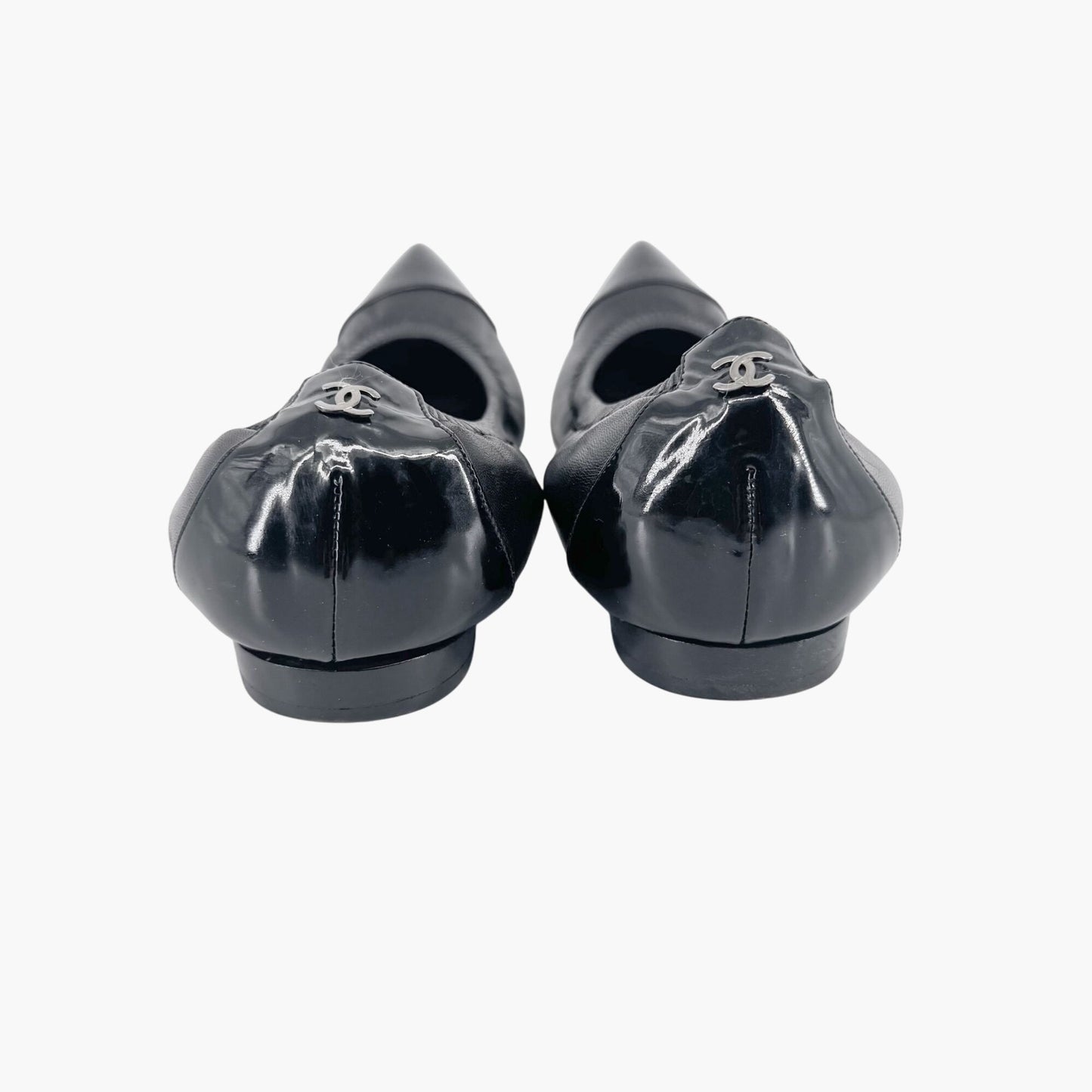 Chanel Elastic Cap Toe Pointed Ballet Flats in Black Leather Size 39