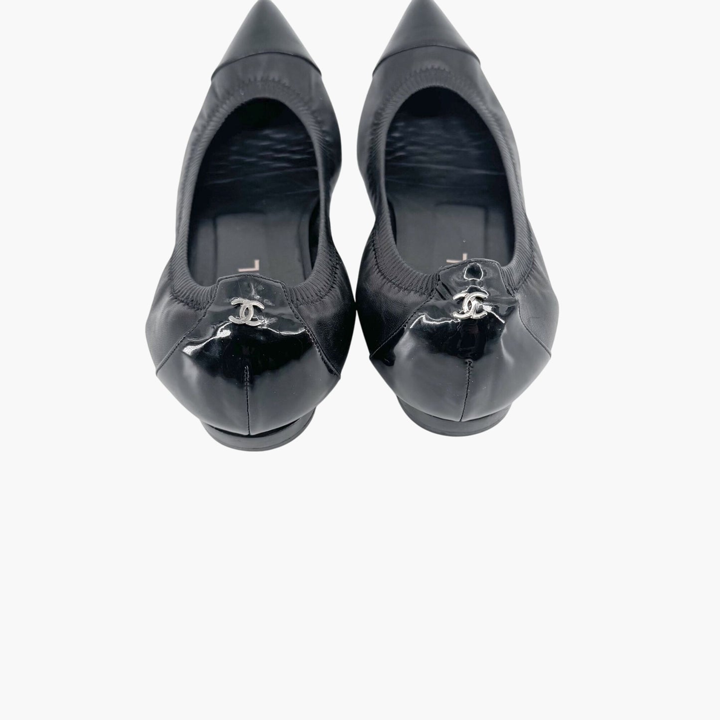 Chanel Elastic Cap Toe Pointed Ballet Flats in Black Leather Size 39