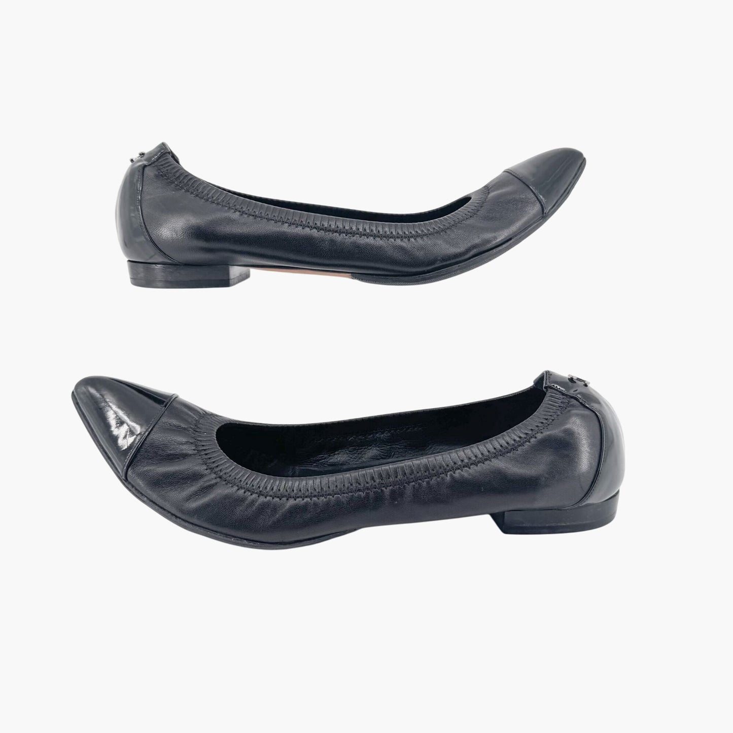 Chanel Elastic Cap Toe Pointed Ballet Flats in Black Leather Size 39