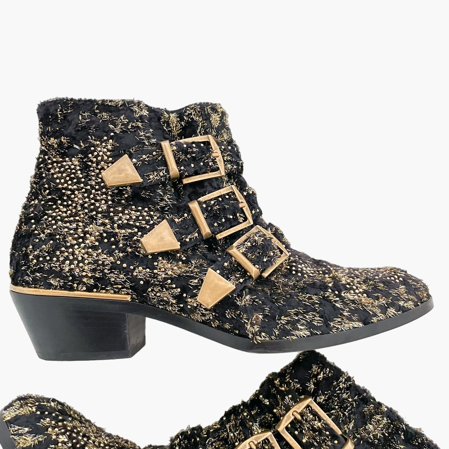 Chloé Susanna Short Boots in Black and Metallic Silver/Gold Velvet Size 37.5