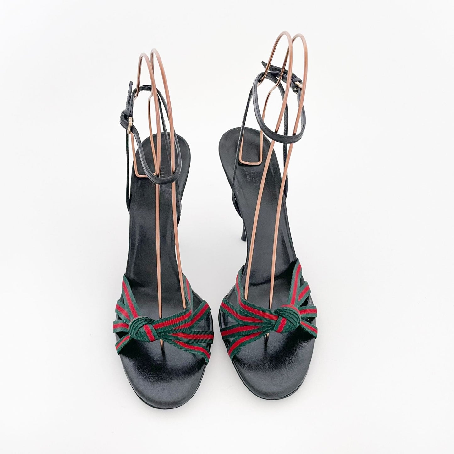 Gucci Mirabelle Knotted Web Stripe Sandals in Black/Green/Red Size 9.5