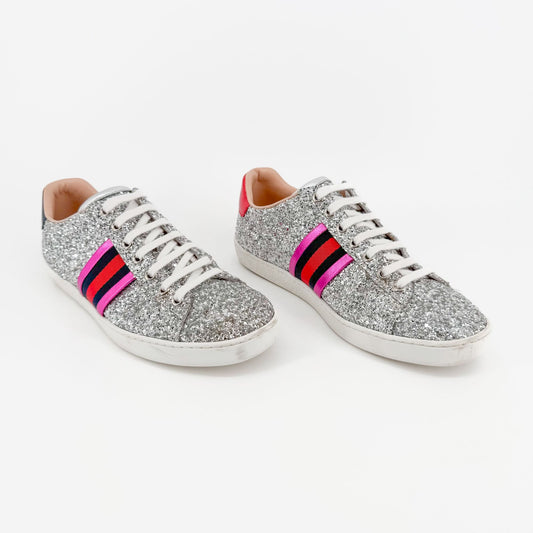 Gucci Ace Low Top Sneakers in Silver Glitter Size 37.5