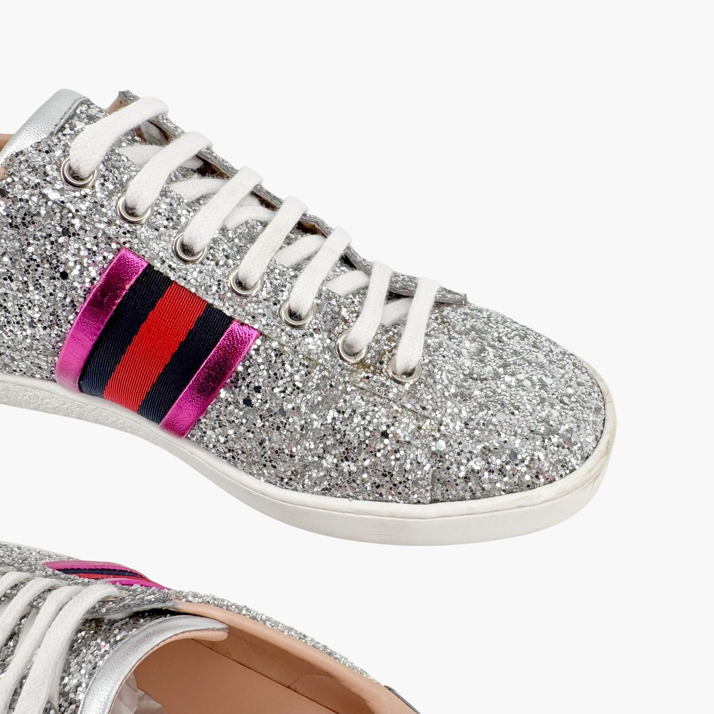 Gucci Ace Low Top Sneakers in Silver Glitter Size 37.5