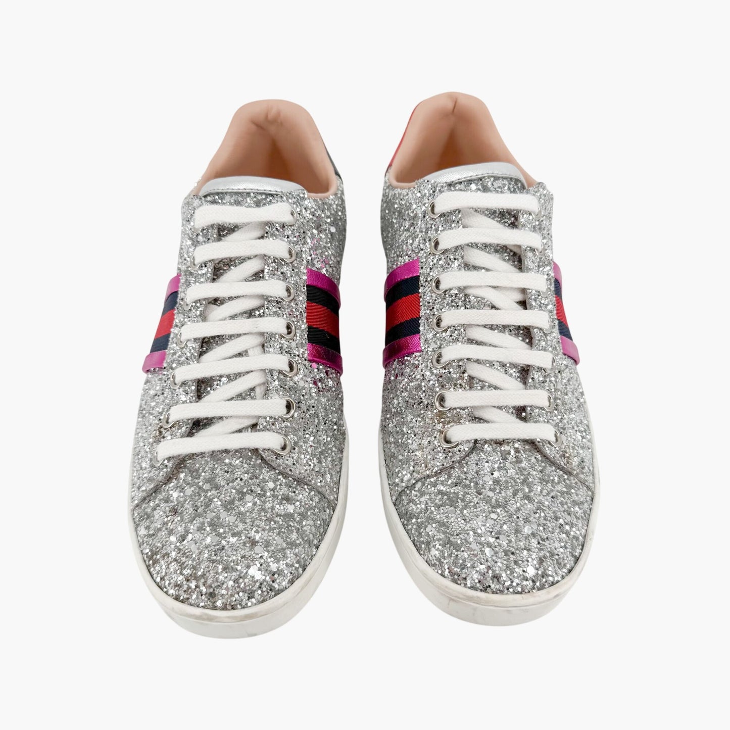 Gucci Ace Low Top Sneakers in Silver Glitter Size 37.5