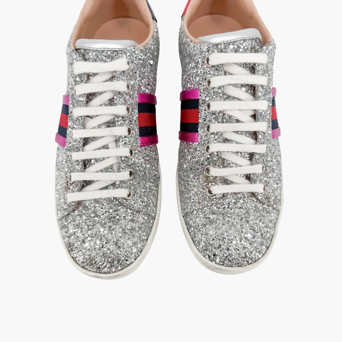 Gucci Ace Low Top Sneakers in Silver Glitter Size 37.5