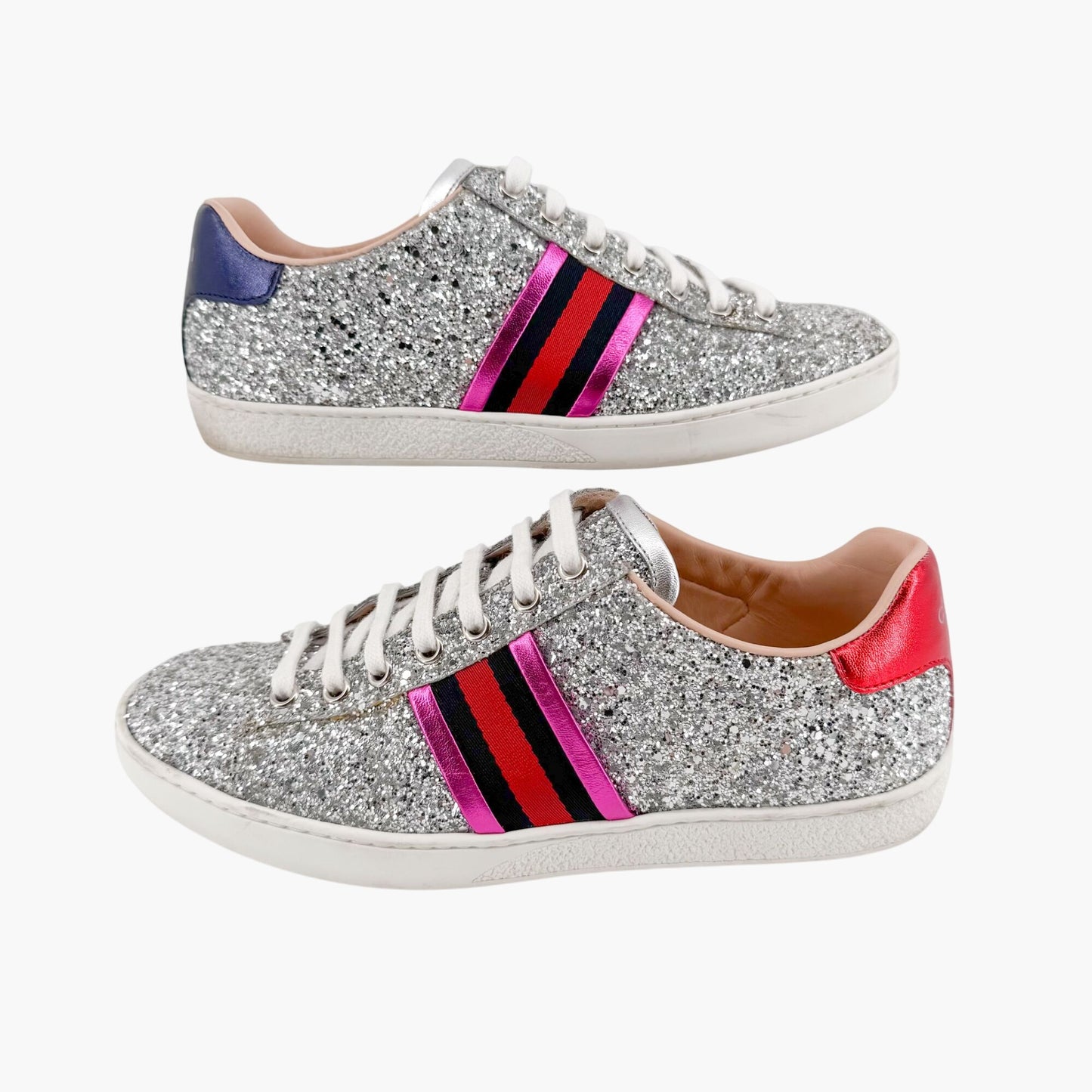 Gucci Ace Low Top Sneakers in Silver Glitter Size 37.5