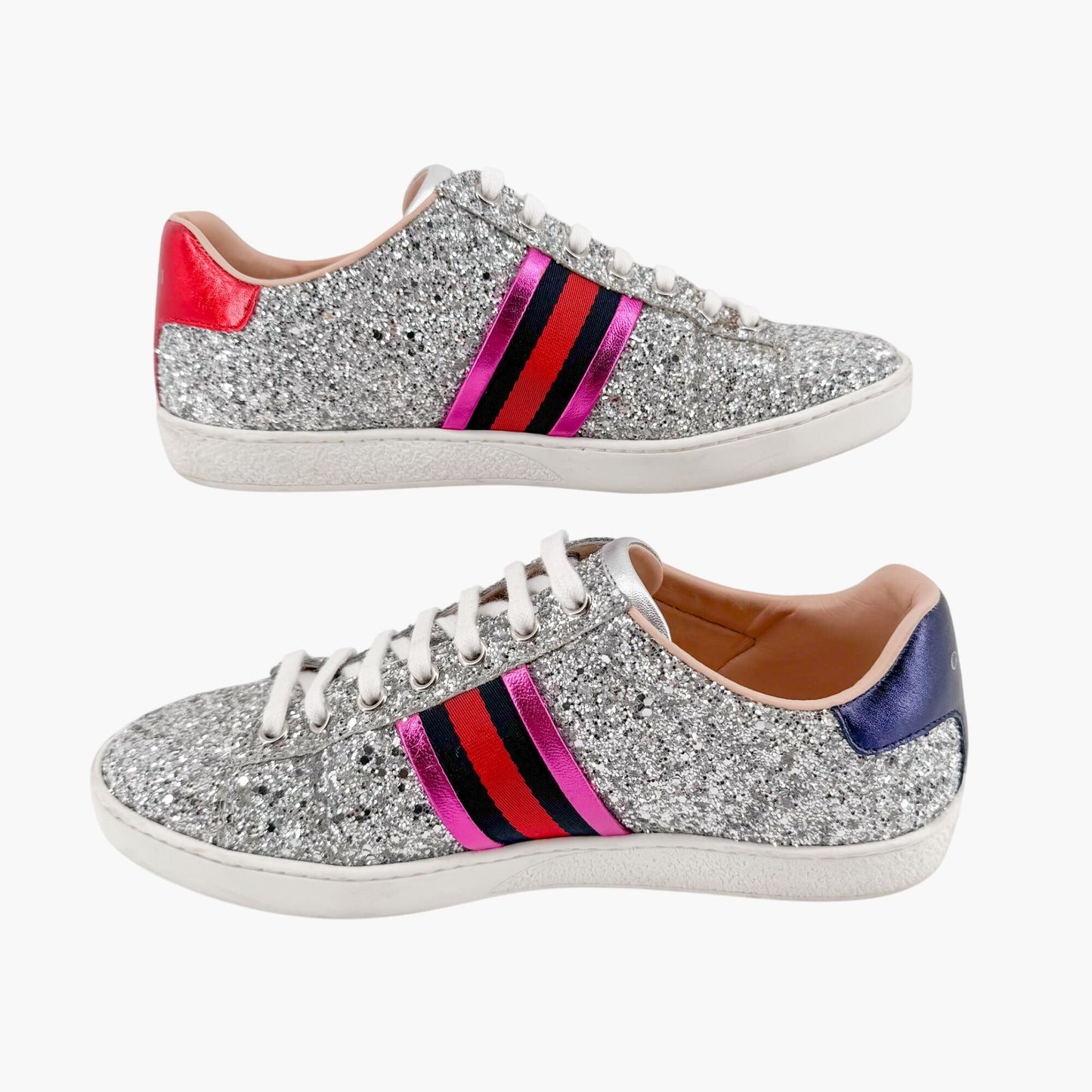 Gucci Ace Low Top Sneakers in Silver Glitter Size 37.5