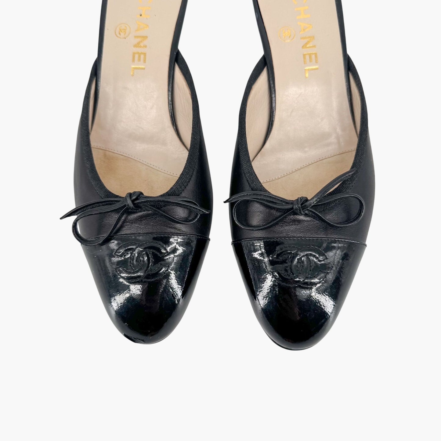 Chanel Vintage CC Cap Toe Kitten Heel Mules in Black Leather – Size 36.5