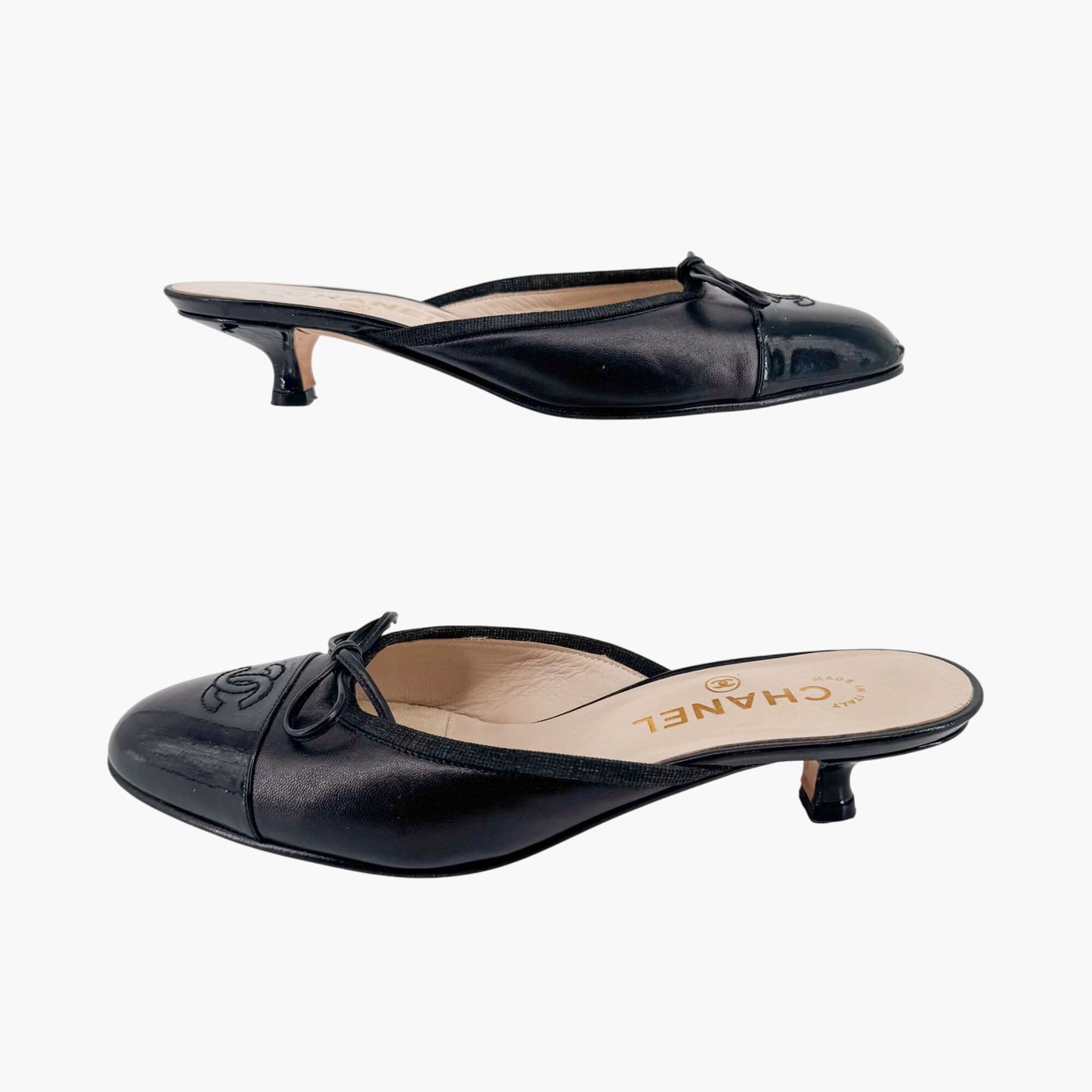 Chanel Vintage CC Cap Toe Kitten Heel Mules in Black Leather – Size 36.5