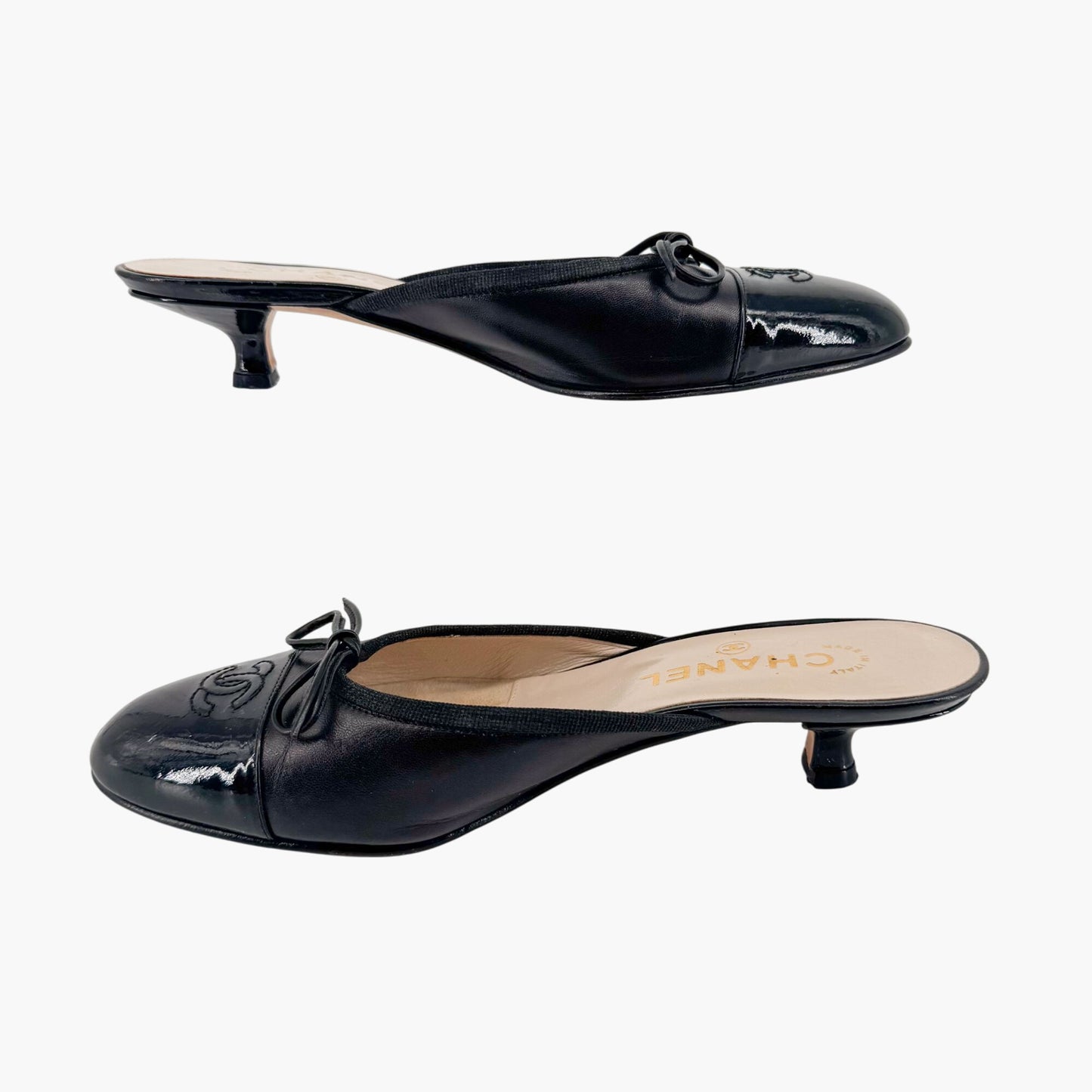 Chanel Vintage CC Cap Toe Kitten Heel Mules in Black Leather – Size 36.5