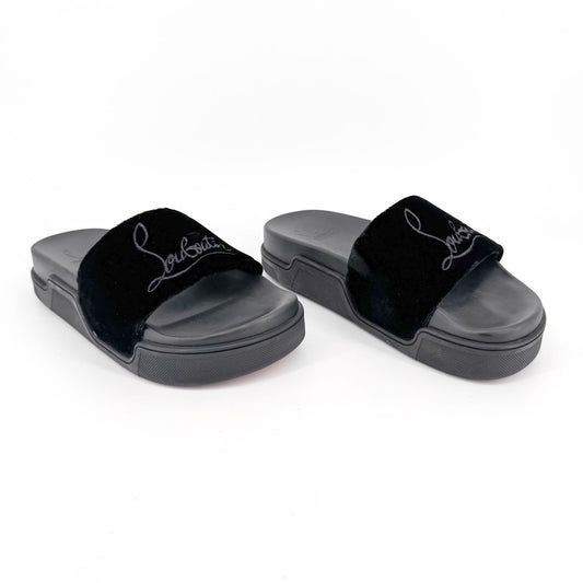 Christian Louboutin "Navy Pool" Logo Embroidered Slide Sandals in Black Velvet Size 37