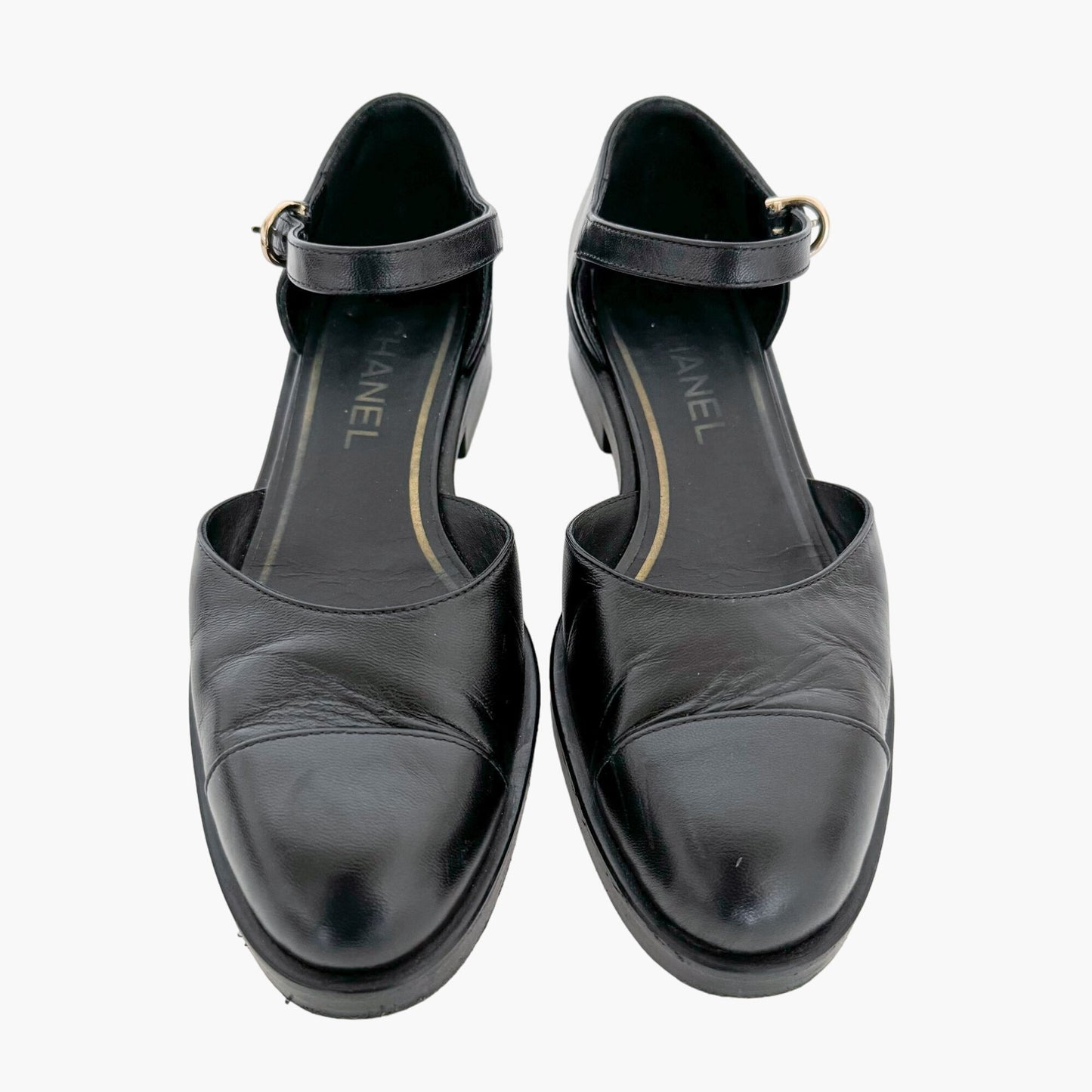 Chanel Cap Toe Mary Jane Flats in Black Leather Size 36.5