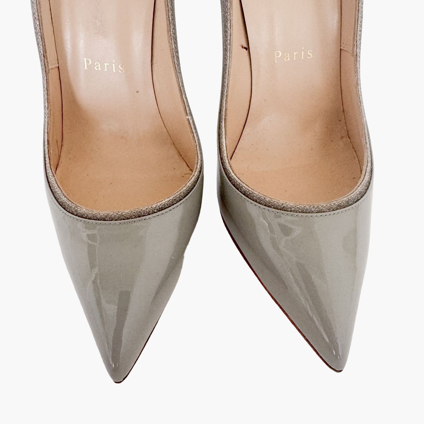 Christian Louboutin Tucsick 120 Pumps in Gray Patent, White Leather & Glitter Size 38
