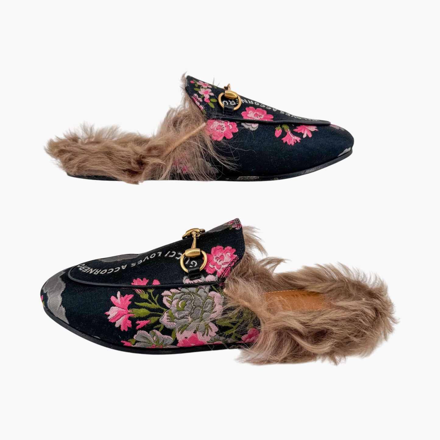 Gucci Garden Princetown Floral Mules with Shearling Lining – Size 37