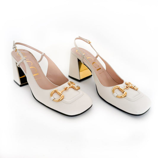 Gucci Baby Slingback Horsebit Pumps in White Leather Size 42