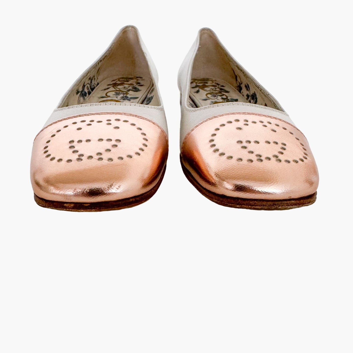 Gucci Hills GG Cap Toe Ballet Flat in Ivory & Metallic Pink Size 36.5