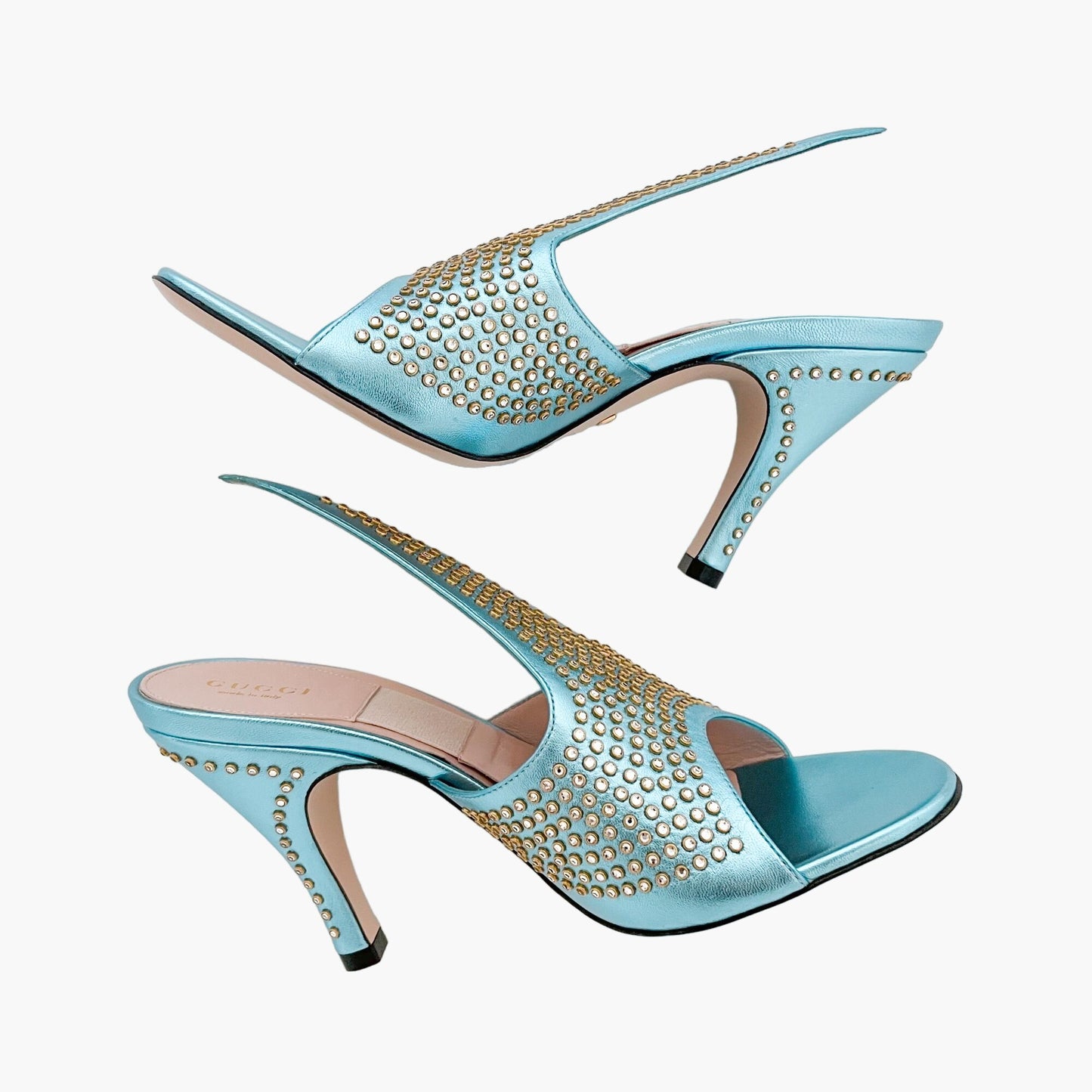Gucci Fedra Crystal-Embellished Mules in Cielo (Metallic Blue) Size 37