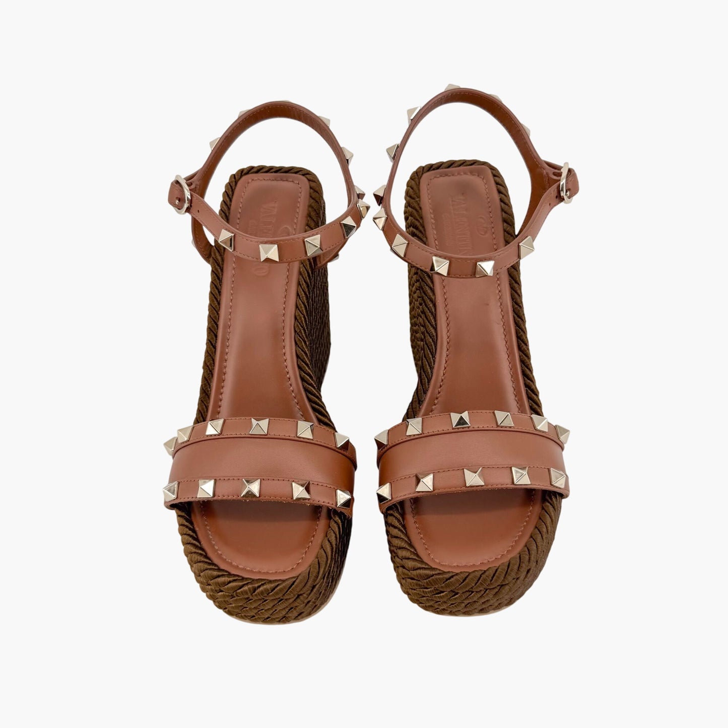 Valentino Garavani Rockstud Torchon Espadrille Wedge Sandals in Brown Leather – Size 38