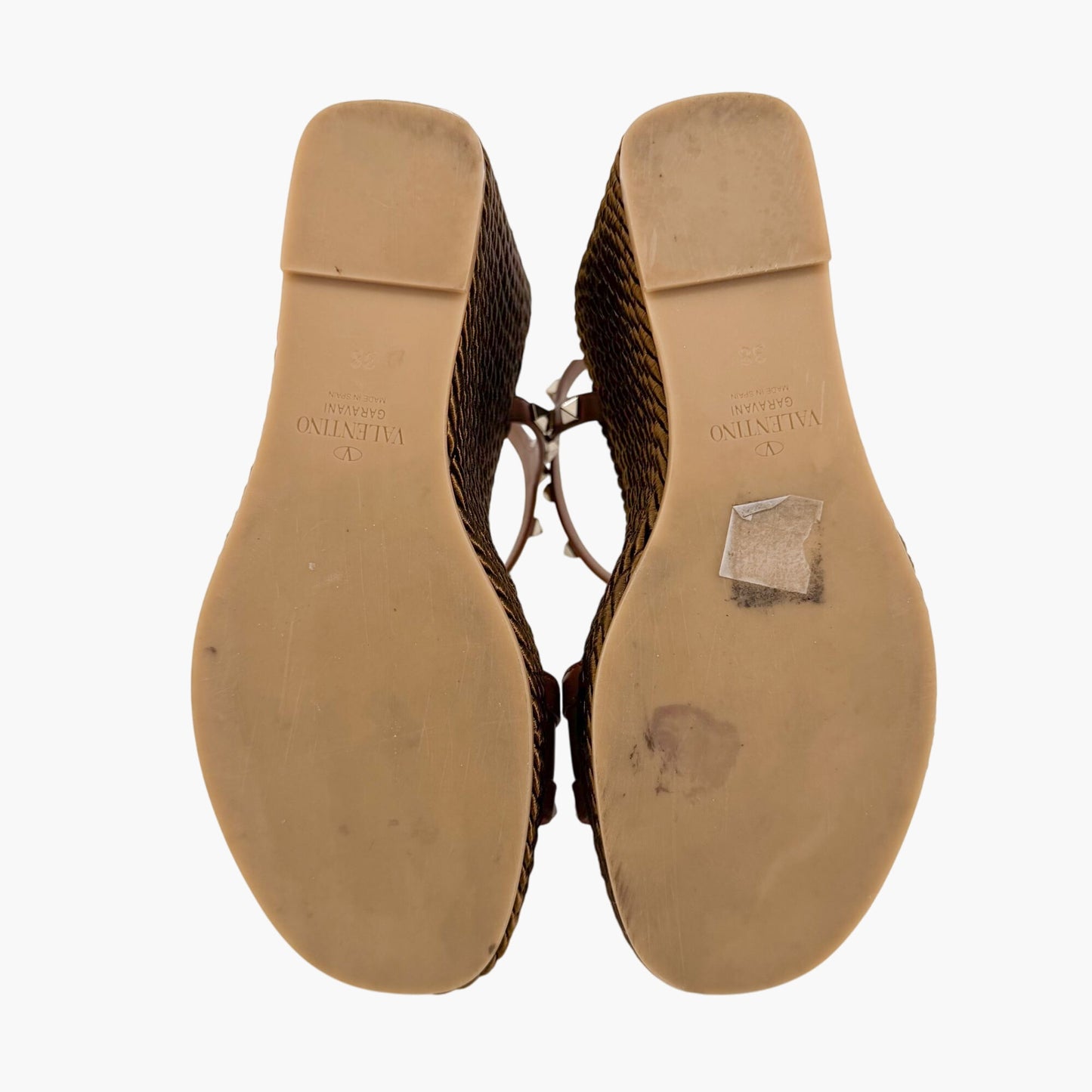 Valentino Garavani Rockstud Torchon Espadrille Wedge Sandals in Brown Leather – Size 38