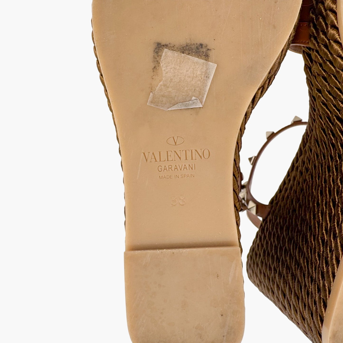 Valentino Garavani Rockstud Torchon Espadrille Wedge Sandals in Brown Leather – Size 38