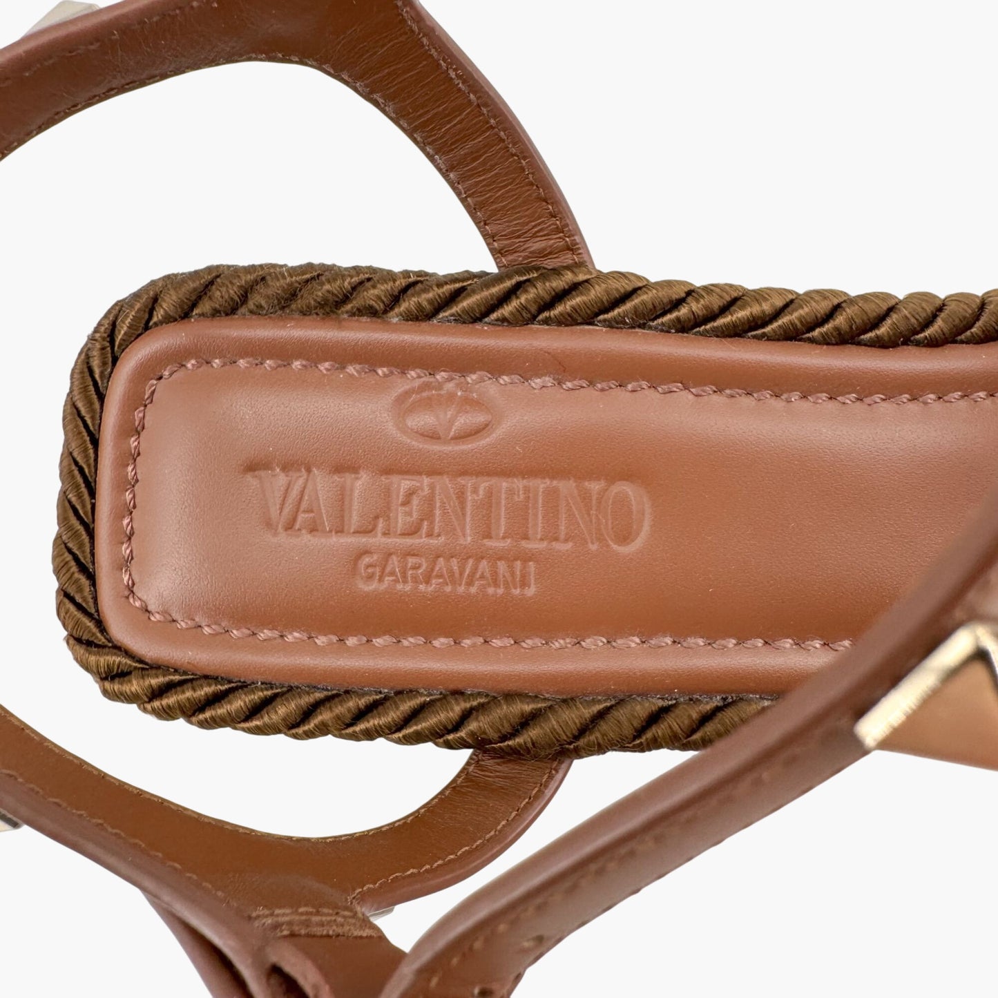 Valentino Garavani Rockstud Torchon Espadrille Wedge Sandals in Brown Leather – Size 38