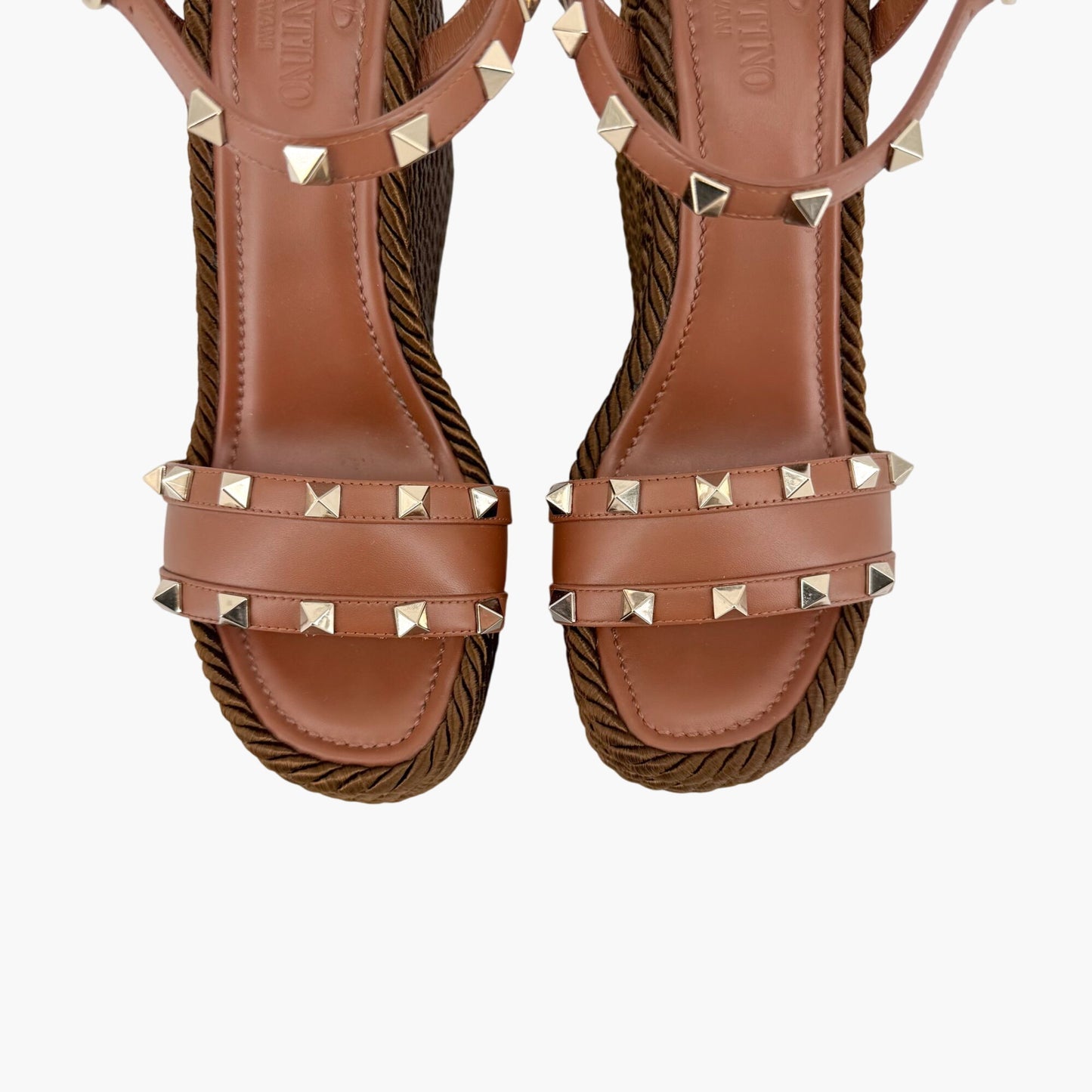 Valentino Garavani Rockstud Torchon Espadrille Wedge Sandals in Brown Leather – Size 38