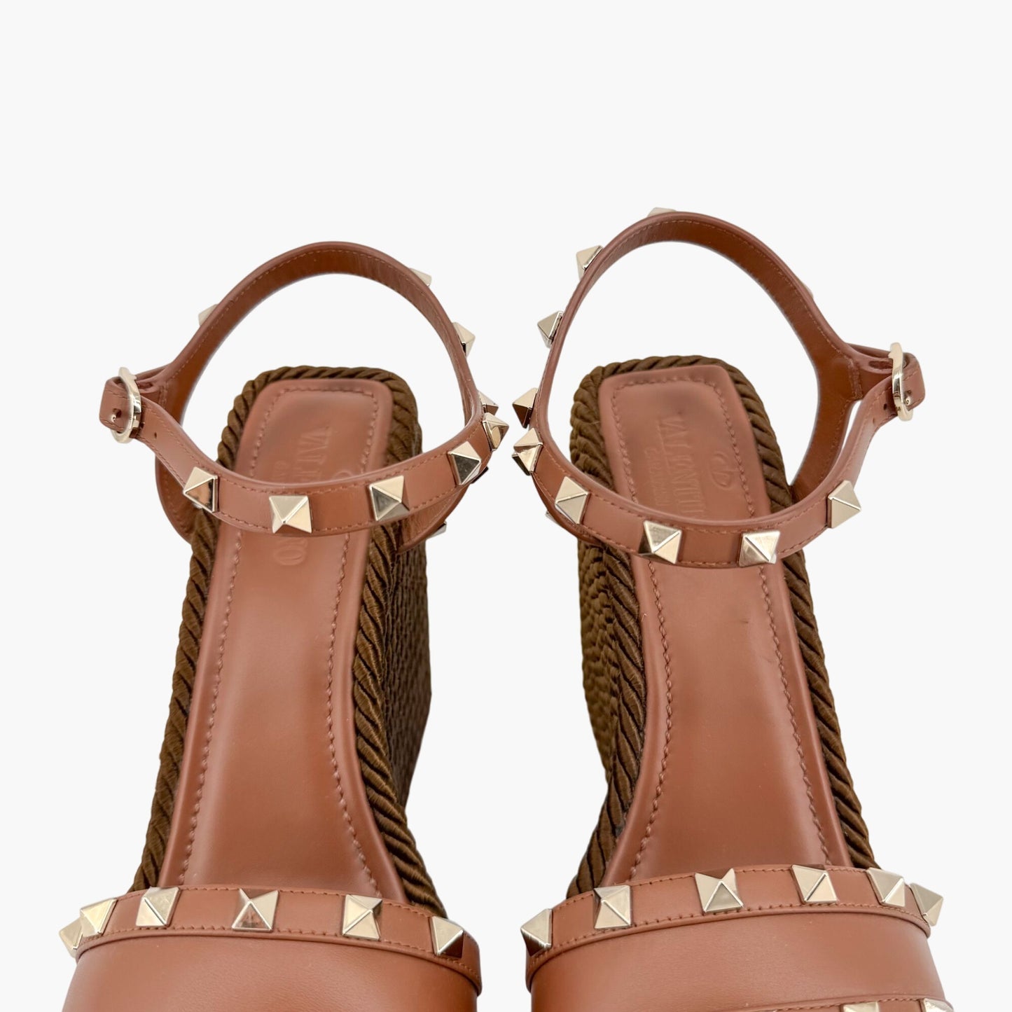 Valentino Garavani Rockstud Torchon Espadrille Wedge Sandals in Brown Leather – Size 38