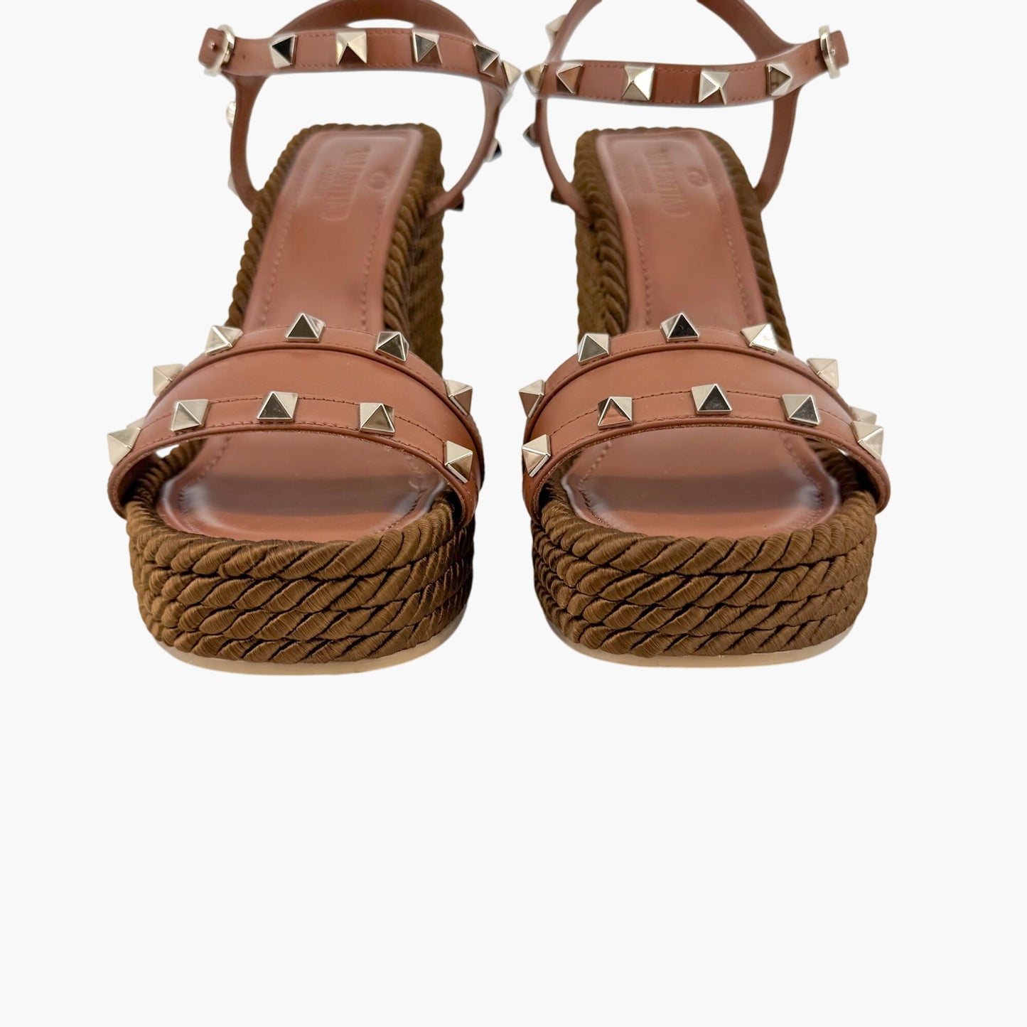 Valentino Garavani Rockstud Torchon Espadrille Wedge Sandals in Brown Leather – Size 38