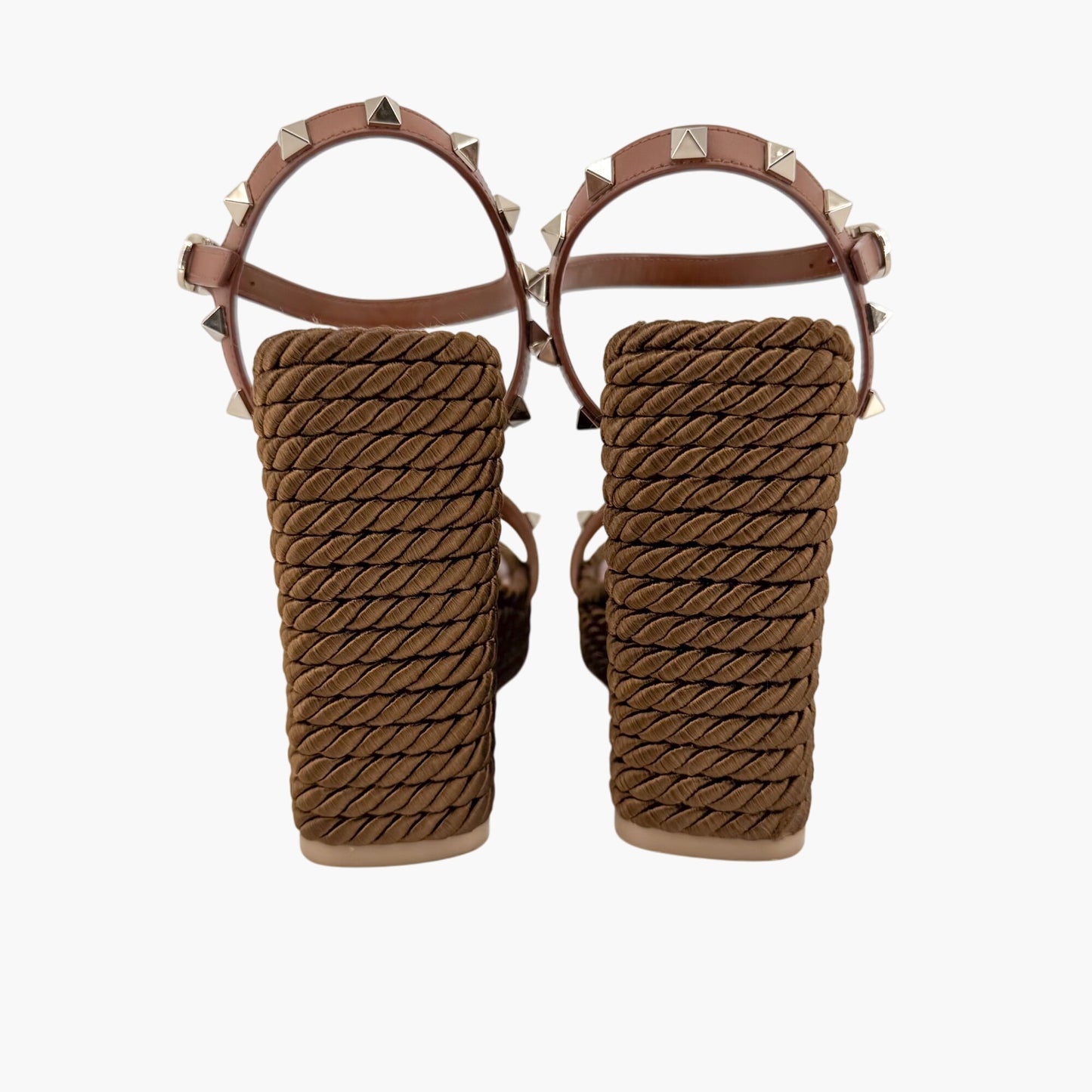 Valentino Garavani Rockstud Torchon Espadrille Wedge Sandals in Brown Leather – Size 38