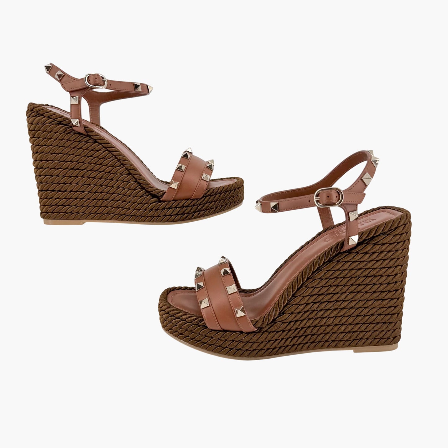 Valentino Garavani Rockstud Torchon Espadrille Wedge Sandals in Brown Leather – Size 38