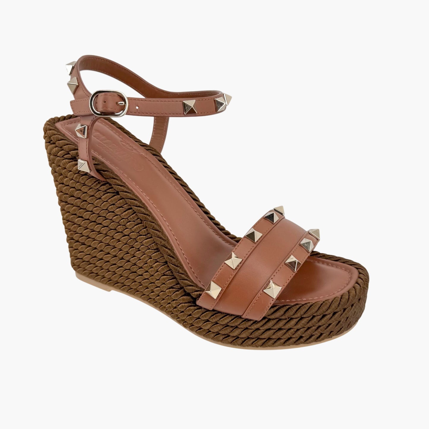 Valentino Garavani Rockstud Torchon Espadrille Wedge Sandals in Brown Leather – Size 38