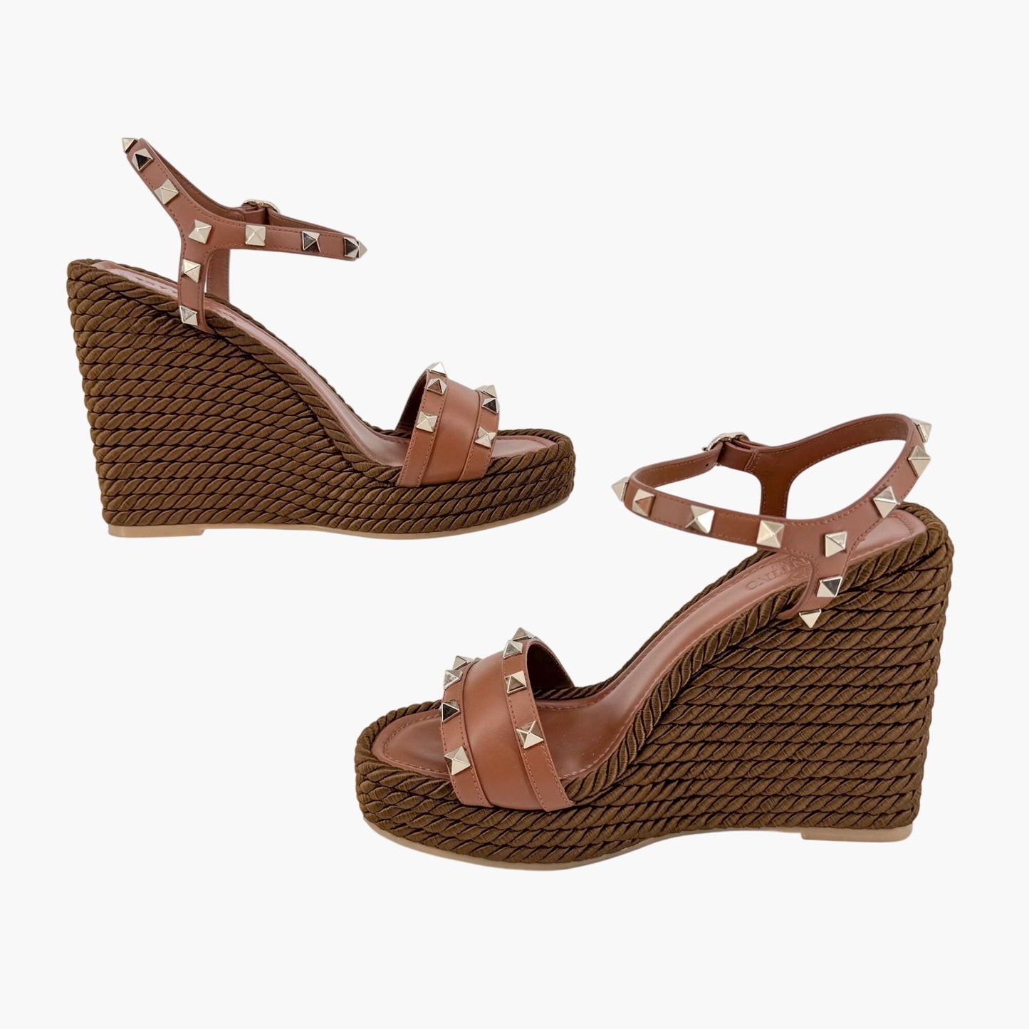 Valentino Garavani Rockstud Torchon Espadrille Wedge Sandals in Brown Leather – Size 38