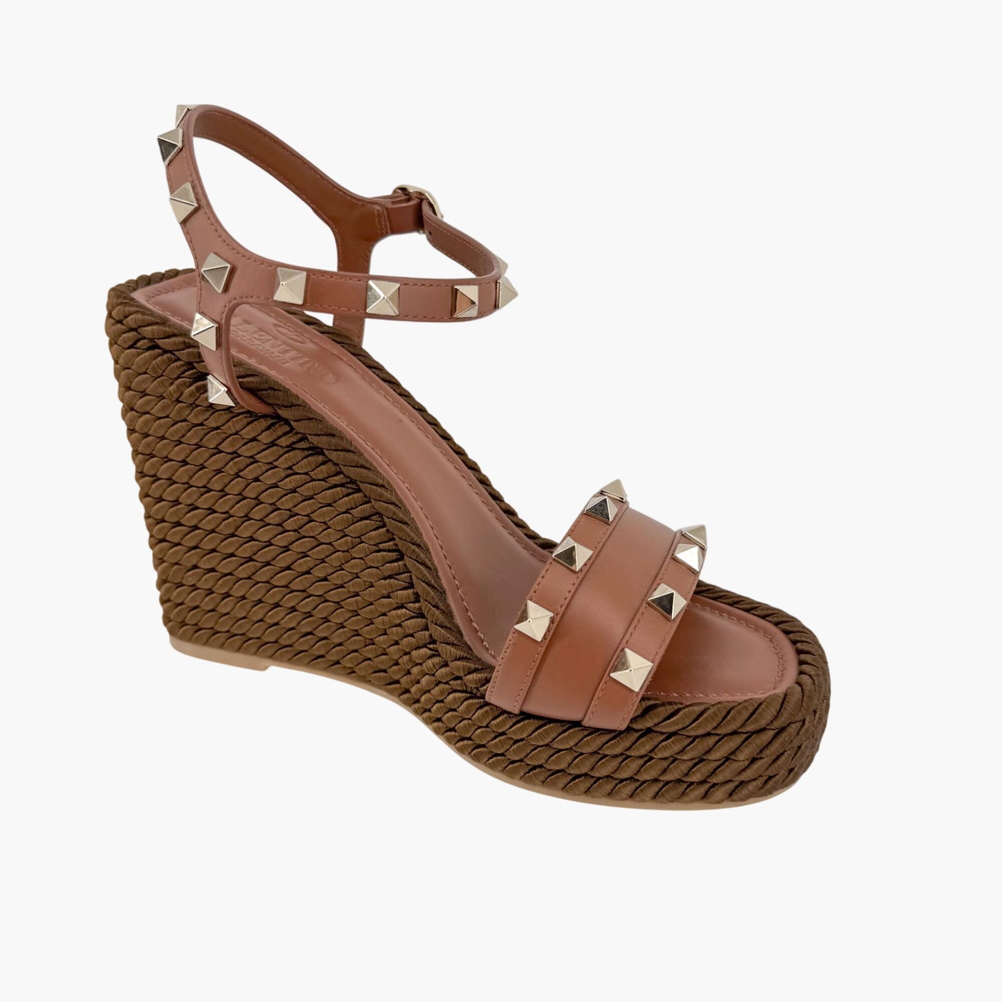 Valentino Garavani Rockstud Torchon Espadrille Wedge Sandals in Brown Leather – Size 38