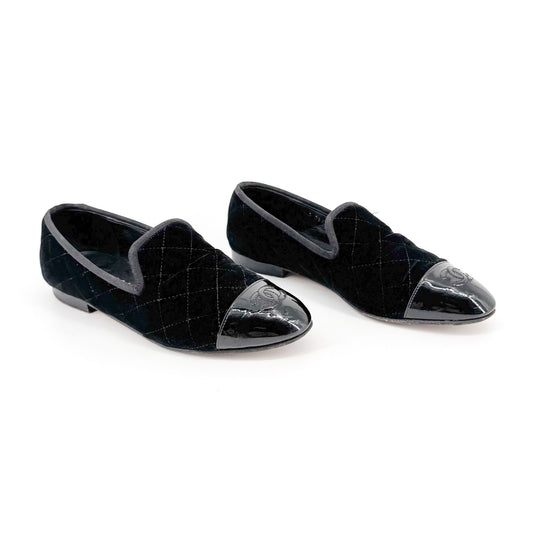 Chanel CC Cap Toe Quilted Loafers in Black Velvet Size 37.5