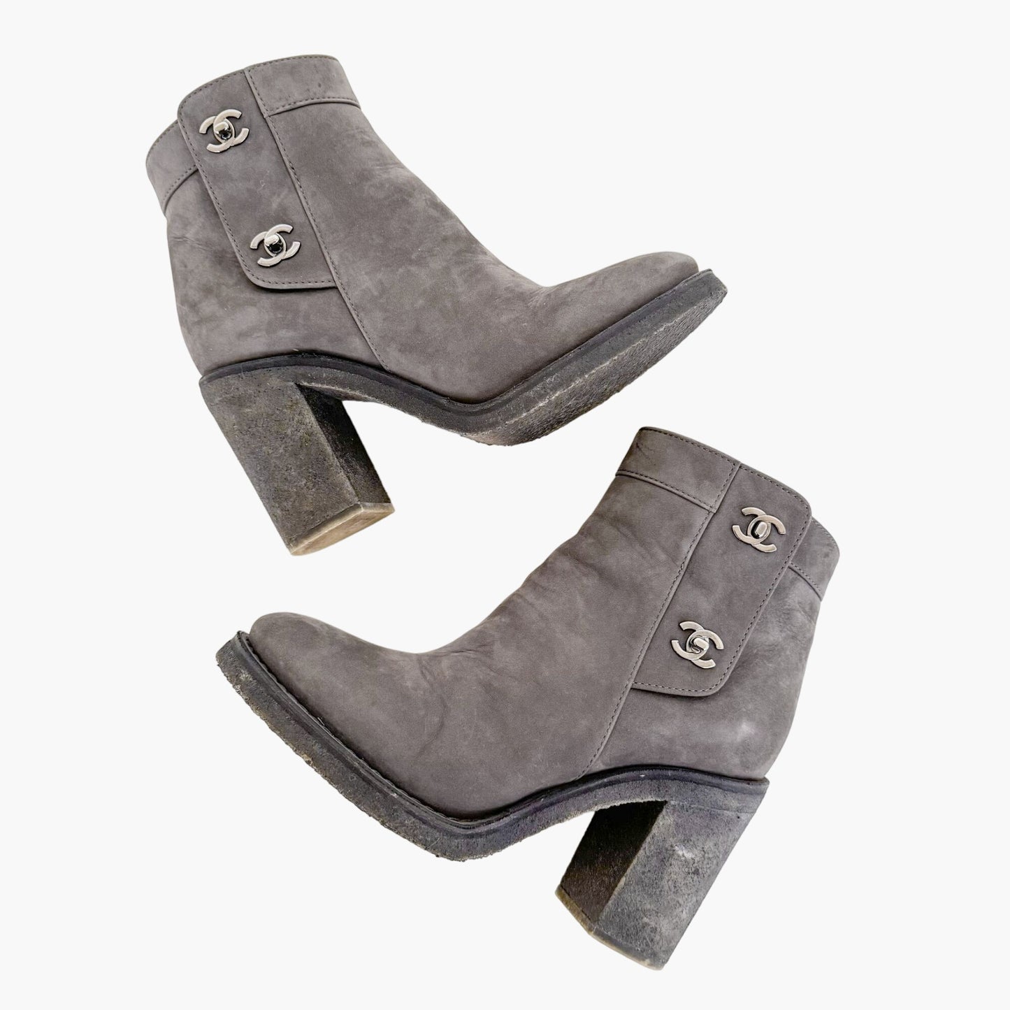 Chanel CC Turnlock Ankle Boots in Grey Suede Size 38